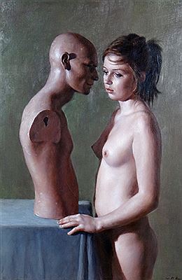 Study of a young nude female with a torso of a male mannequin