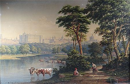 A landscape from the outskirts of Madrid with figures and cows in the foreground and facing the Royal Palace in the distance by John Dobbin - Auction record, sale price, and art valuation. Compare with similar artists and explore comparable artworks.