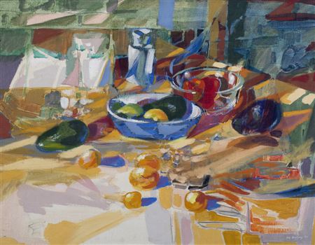 Still life with vegetables, fruit and various vessels