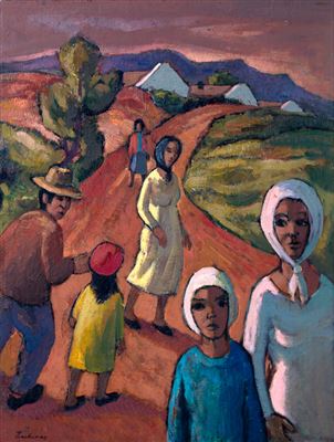 Figures walking in street