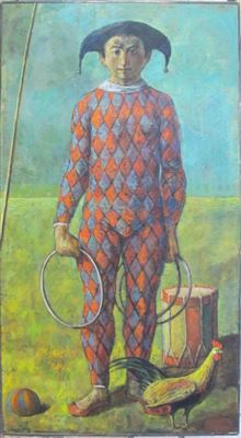 Harlequin w/ drum, hoops, rooster