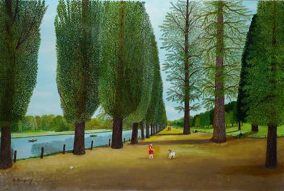 Rivière et allée de peupliers