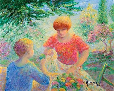 Femme et enfant au verger