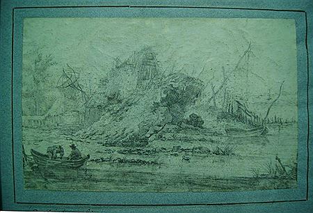 Chaumière au bord d'un estuaire avec villageois en barque and Village bordé par une rivière