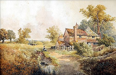 Figure Resting Before a Country Farmhouse in and Extensive Rural Landscape by Albert Edward Bowers - Auction record, sale price, and art valuation. Compare with similar artists and explore comparable artworks.