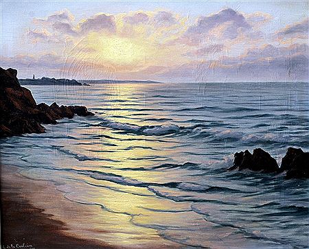 Coastal Scene with Sunset; and Coastal Scene by Moonlight (2)