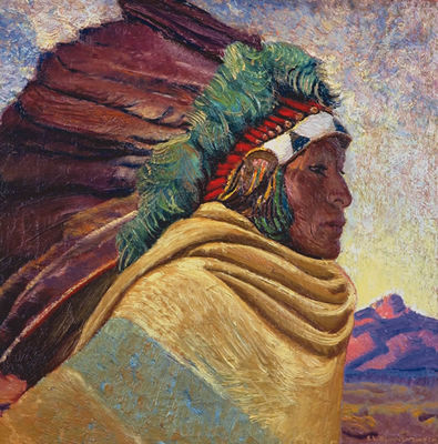 The Red War Bonnet by Ernest Leonard Blumenschein - Auction record, sale price, and art valuation. Compare with similar artists and explore comparable artworks.