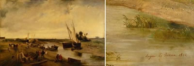 Retour de pêche, marée basse dans un estuaire de Normandie (baie d'Avranches?). (a pair)