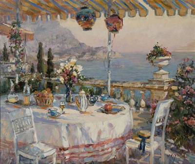 Préparatifs du petit déjeuner sur une terrasse en Crimée. by Sergei Sviridov - Auction record, sale price, and art valuation. Compare with similar artists and explore comparable artworks.