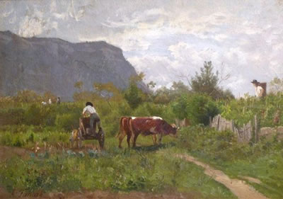 Paysage animé d'un vendangeur et d'un maraîcher récoltant.