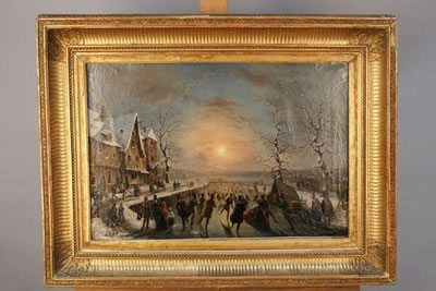Scène de patinage au soleil couchant
