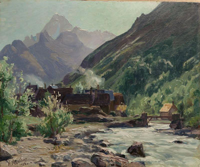 Les Ecrins et le hameau des Etages sur les bords du Vénéon