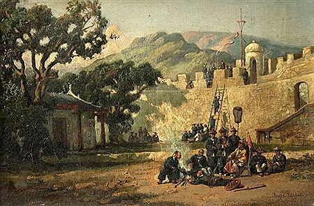 Campement chinois devant une fortification.