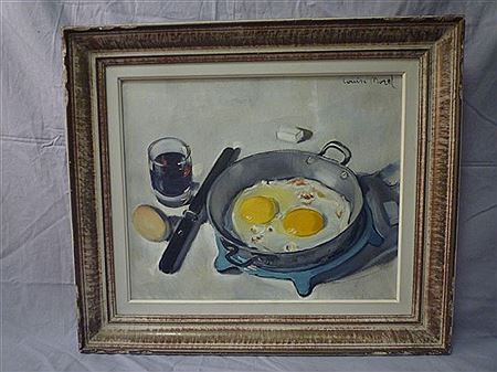 Nature morte aux oeufs au plat et verre de vin.