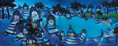 Sample artwork by Manu Parekh (Born 1939), known for social themed modernist, surreal, abstract painting - View similar artists and auction records