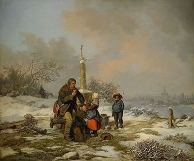 Vinterlandskap med vandringsman och barn vid vägaltare