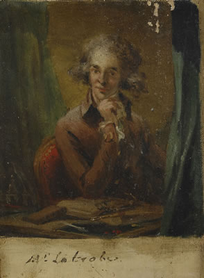 Porträtt av den amerikanske arkitekten Benjamin Henry Latrobe (1764-1820) sittande vid sitt arbetsbord - midjebild