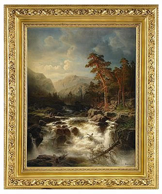 Forslandskap med vattenkvarn och figurer