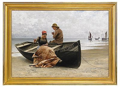 Fiskare och flicka på stranden i Bretagne