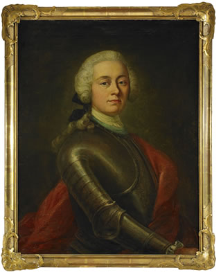 Porträtt av fältmarskalken greve Augustin Ehrensvärd (1710-1772) iklädd rustning och röd mantel - midjebild