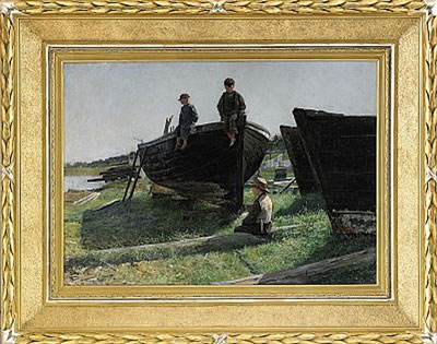 Vårdag vid slipen - mor med söner vid fiskebåt