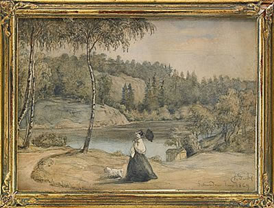 Grevinnan Hedvig Bråkenhielm, född Lewenhaupt på promenad med sin vita hund vid utsikten från Lilla Sveden ned mot Edsvikens inlopp mot Stocksund, Ulriksdal
