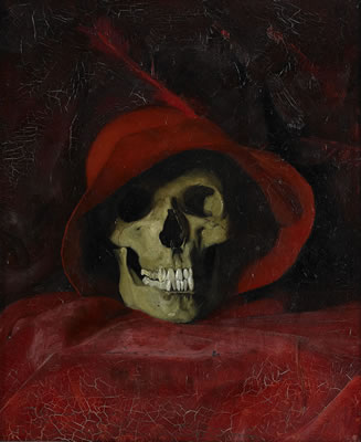 Nature morte - kranium med röd hatt
