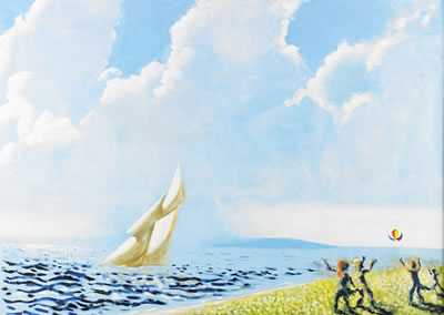 Strandbild med lekande barn