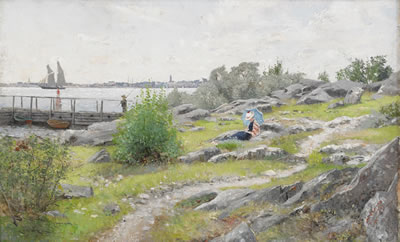 Ung kvinna med parasoll i sommarlandskap