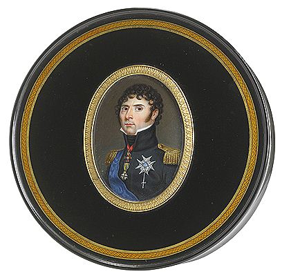 Porträtt av kronprins Karl Johan sedermera kung Karl XIV Johan (1763-1844), iklädd svart uniform med svärdsorden och serafimerordens blå band och kraschan - efter François Gérards originalmålning på Kungliga Slottet i Stockholm