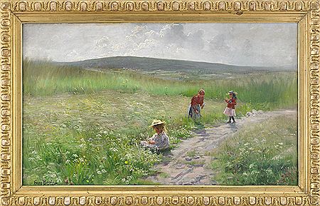 Sommaräng - tre flickor som plockar blommor