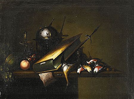 Vanitas med fåglar, bok, glob, timglas och ljusstake