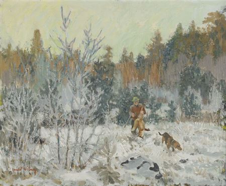 Jägare med fälld räv samt jakthund
