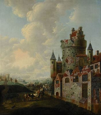 Landskap med slottsbyggnad, stadsvy och figurer