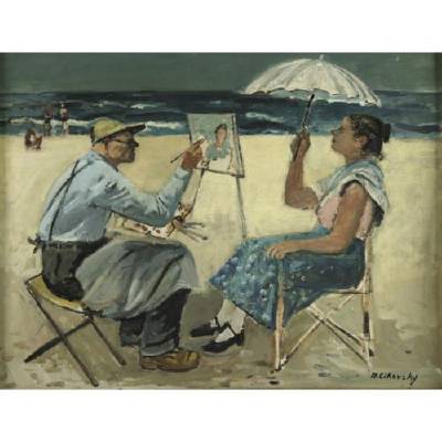 David Burliuk Painting His Wife Marussia at the Beach