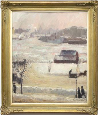 Hafen von Stockholm mit Personenstaffage im Winter
