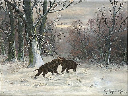 Zwei kämpfende Keiler im Winterwald