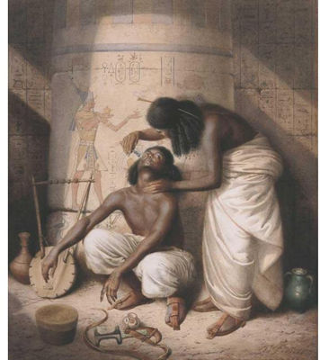 THE NUBIAN BARBER PLIES HIS SIMPLE TRADE WHEN EGYPT'S HAUGHTY KINGS INSPLENDOUR REIGNED'. A SHAVING SCENE IN NUBIA