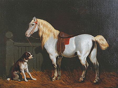 Horse with a dog in a stable