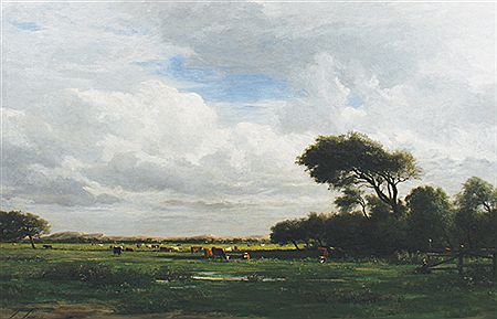 Seated figure and cattle grazing in an extensive landscape