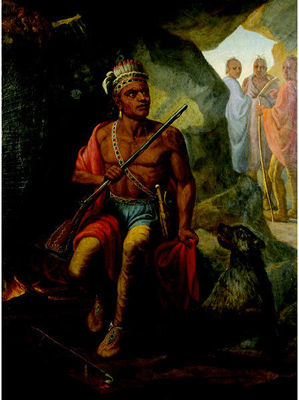 Portrait of an American Indian seated in a cave by a fire, three distant figures