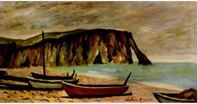 Boats on shore with cliffs