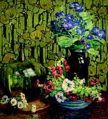 Floral still life with bachelor's buttons, petunias and zinnias in glass and ceramic vases