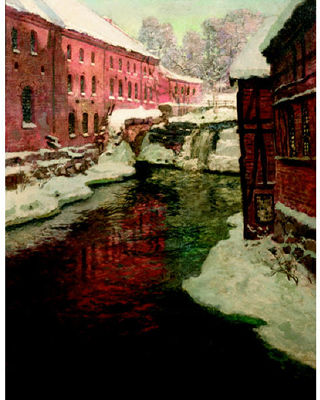 Snowy city scene with stream and waterfall