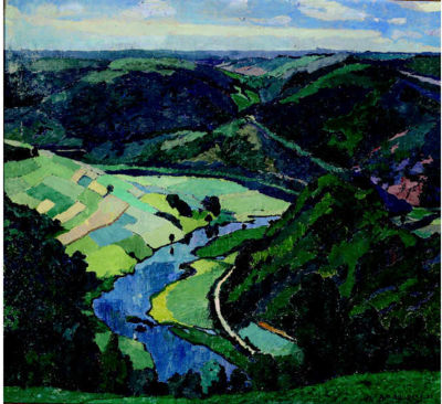 Ariel view of a river and rolling green landscape, 1923