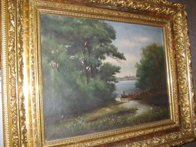 LAKE SCENE WITH DISTANT HARBOR TOWN