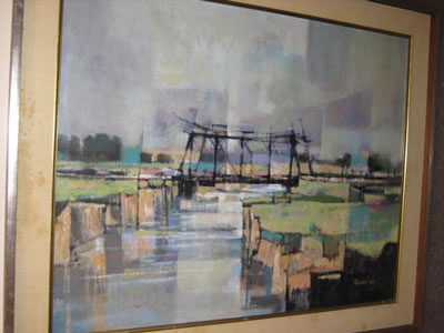 Abstract landscape with Bridge by Mickey Rhodes - Auction record, sale price, and art valuation. Compare with similar artists and explore comparable artworks.