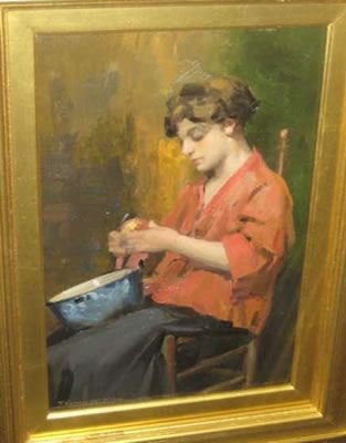 Portrait of a young woman peeling an apple by Francis Humphry W Woolrych - Auction record, sale price, and art valuation. Compare with similar artists and explore comparable artworks.