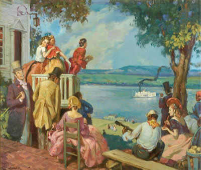 Multiple figures overlooking a river with paddlewheel boat