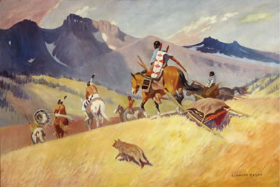 Native Americans traveling across a plain